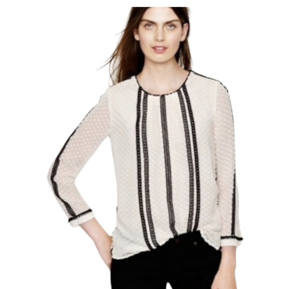 J Crew Women’s Ivory Swiss Dot Silk Blend Black Lace Trim Long Sleeve Top Size 6